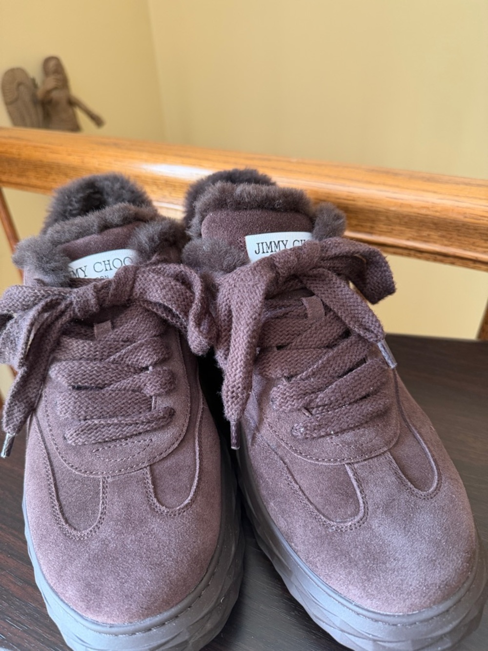 Jimmy Choo Taupe Suede Fur-Trim Platform Sneakers